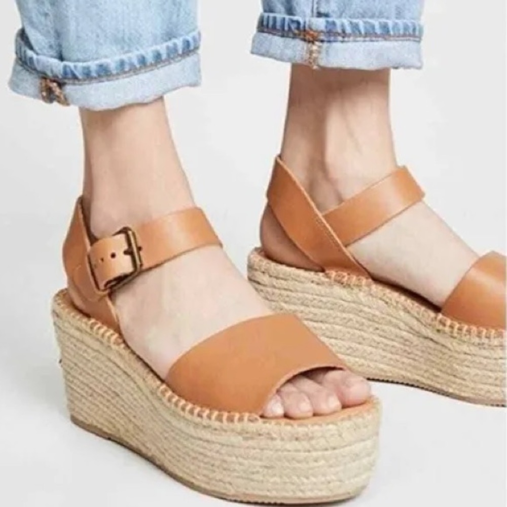 Soludos Tan Leather Platform Wedge Espadrilles | Minorca Boho Sandals | Size 6